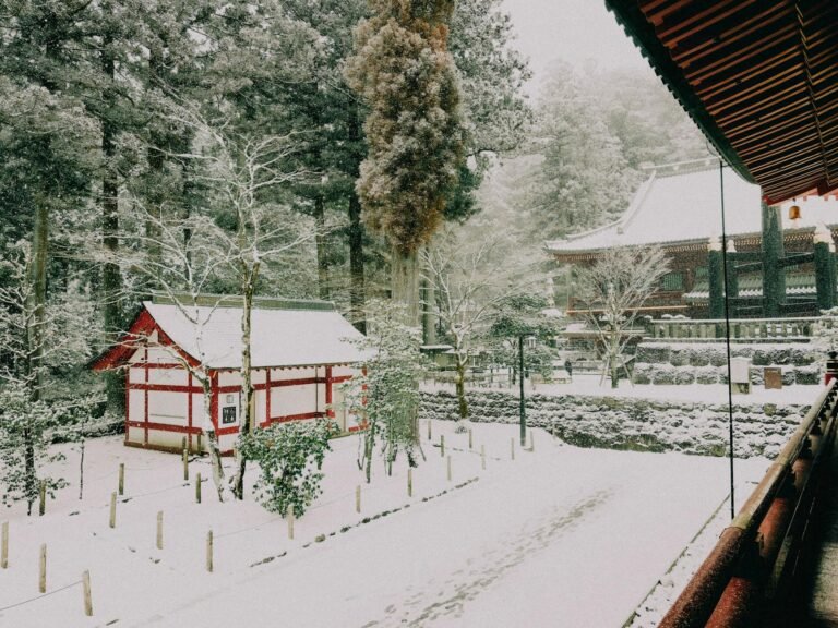 Captured in winter, this serene snowy scene at Nikko Toshogu Shrine showcases traditional Japanese architecture surrounded by a tranquil forest setting.