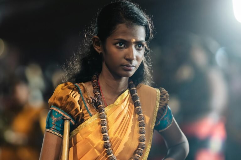 A captivating portrait of a woman in traditional attire during a festival in Bangkok, Thailand.