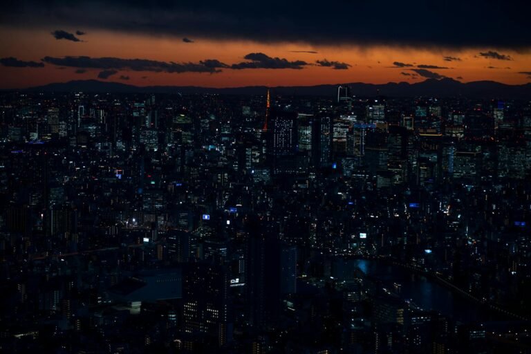 A stunning twilight view of Tokyo's vibrant cityscape featuring iconic landmarks and city lights.