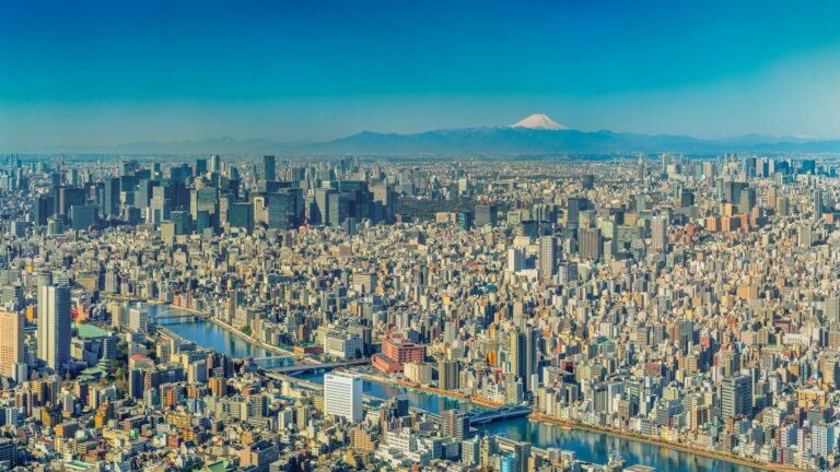 Panoramic view of Tokyo cityscape with Mount Fuji in the distance.