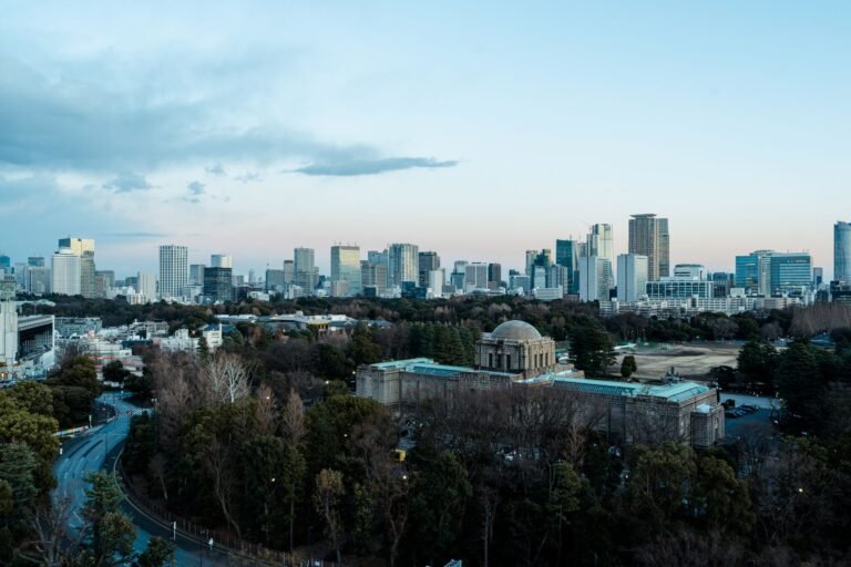 Stunning aerial shot of Tokyo skyline, highlighting the historic Aoyama Cemetery with modern skyscrapers in the background.